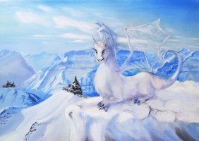 на вершине мира,фэнтези,дракон,горы,снег,сказка,север,картина,живопись